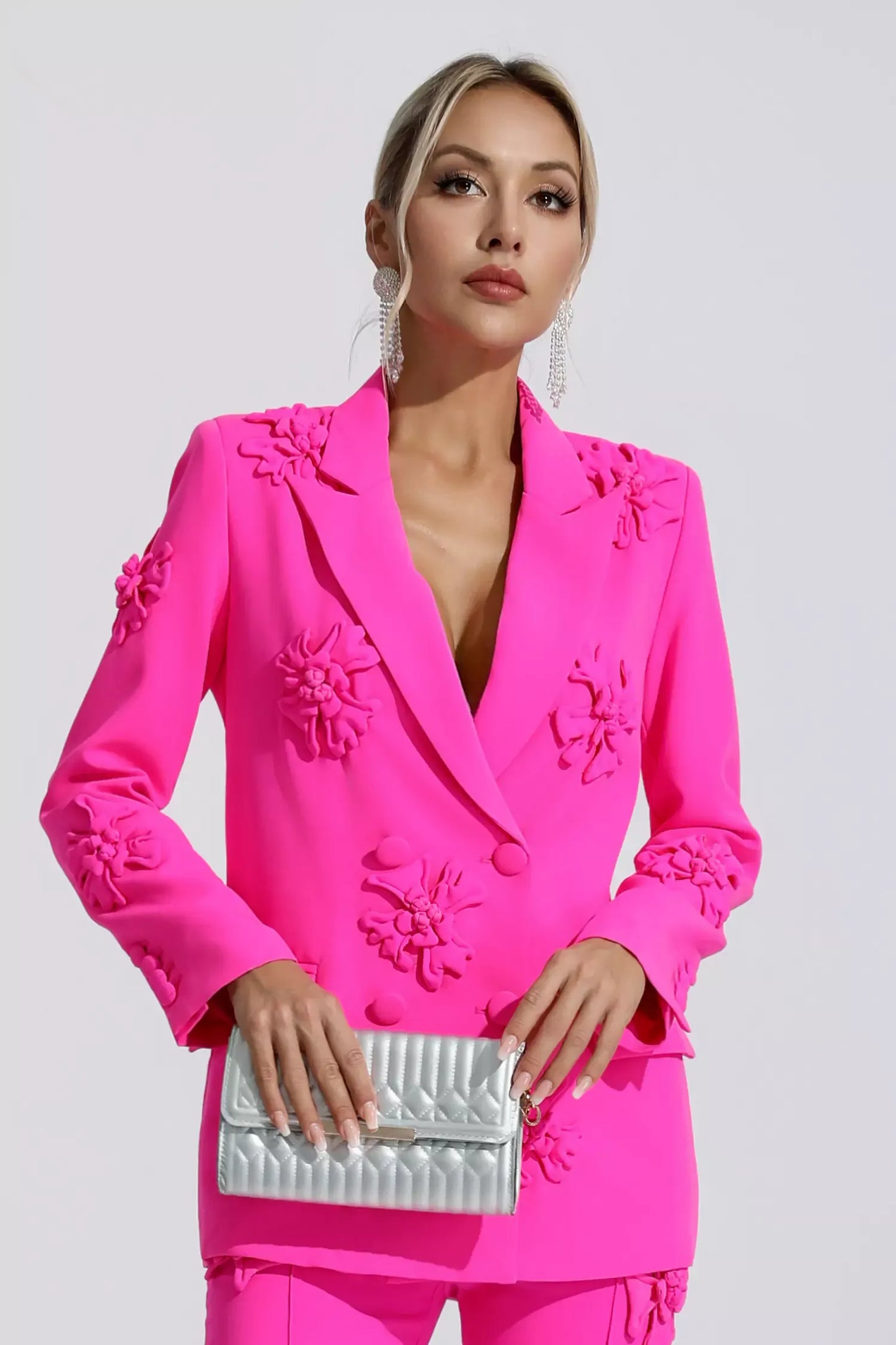 Ari Pembe Jakarlı Çiçekli Blazer Takım