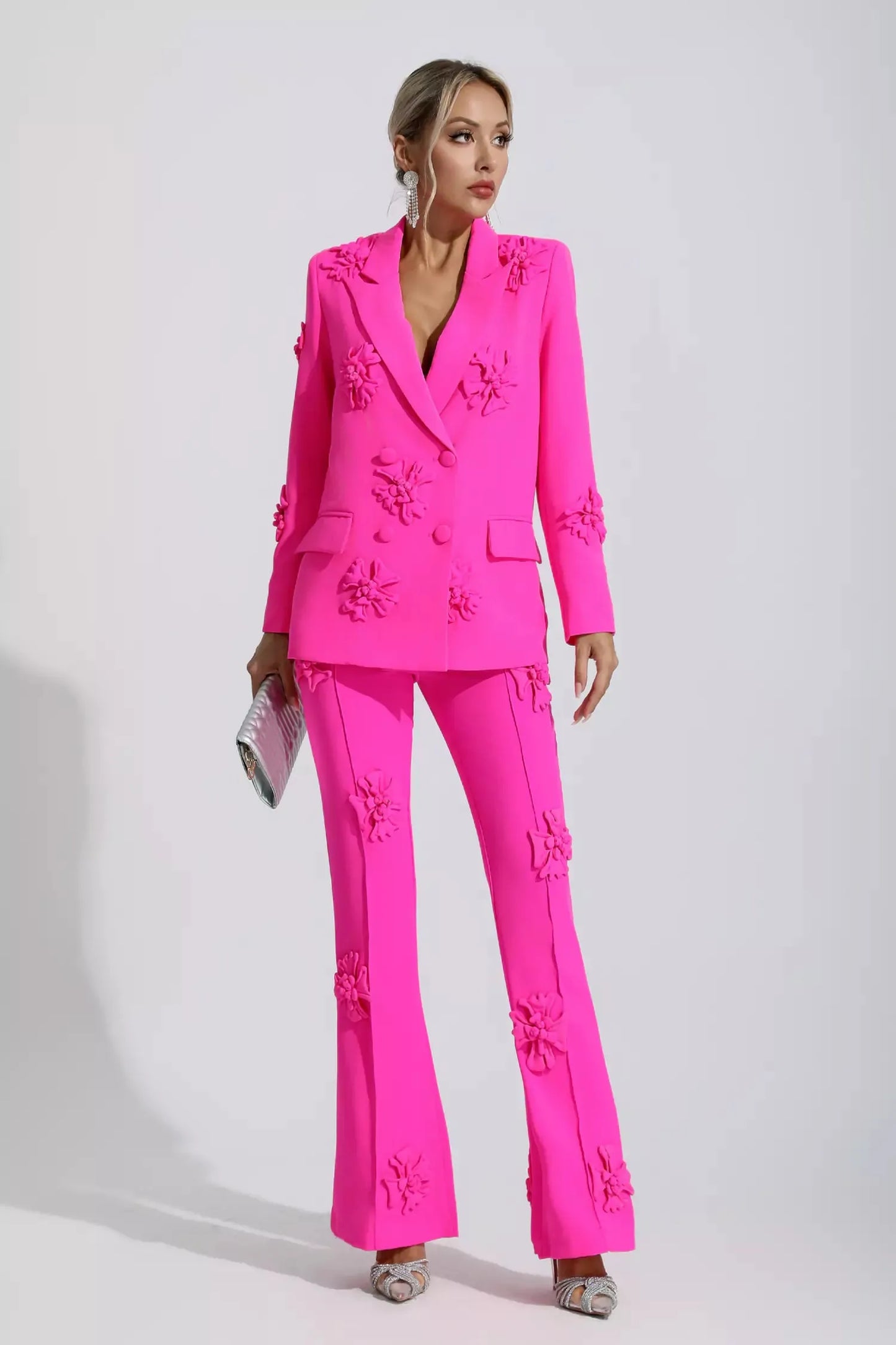 Ari Pembe Jakarlı Çiçekli Blazer Takım