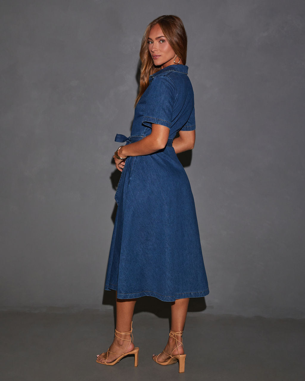Caddy Denim Beli Bağlamalı Midi Elbise