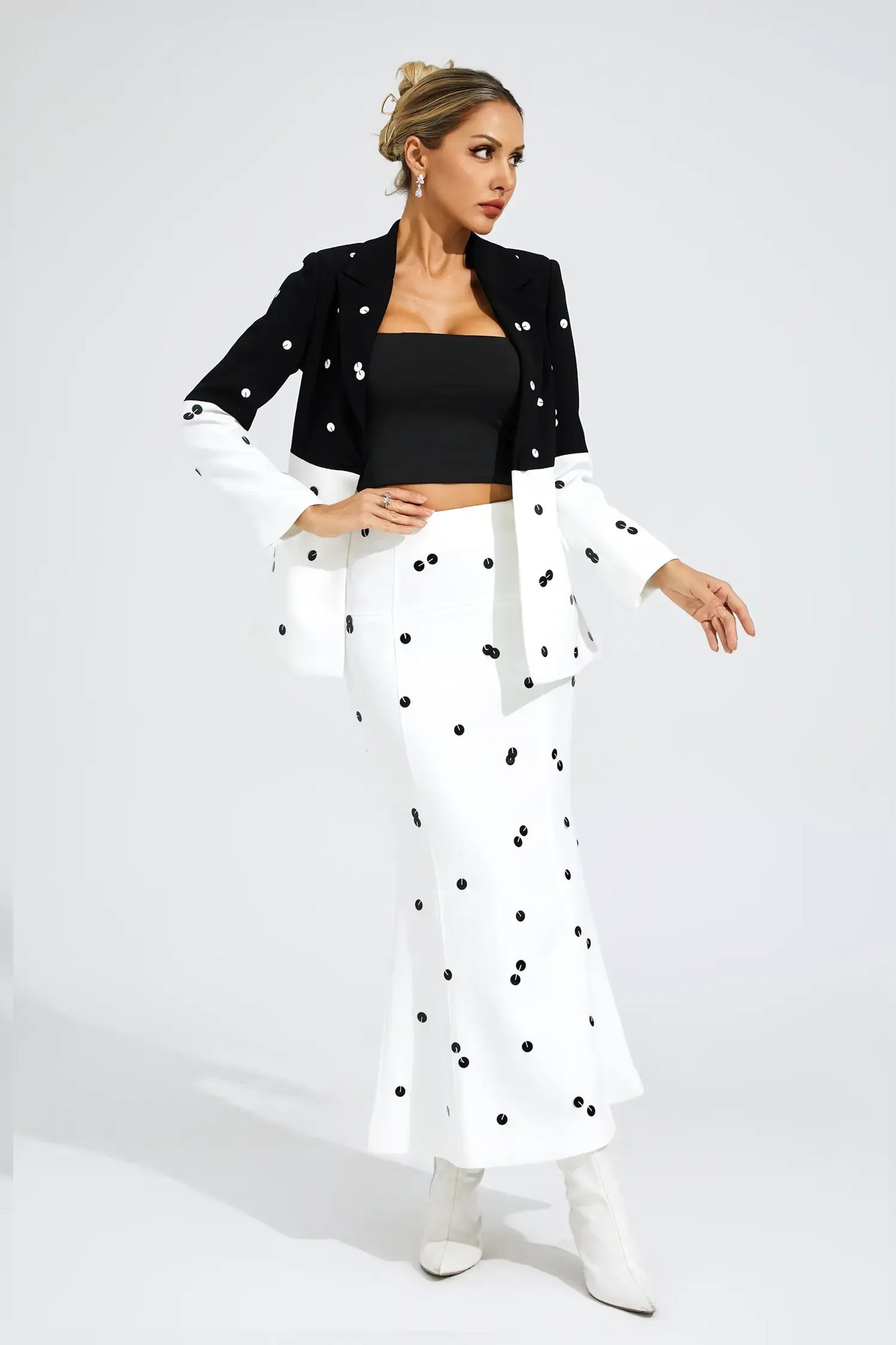 Noella Beyaz Puantiyeli Payetler Blazer Takım
