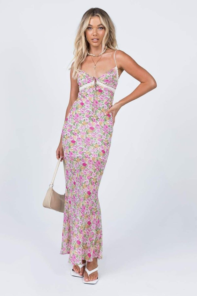 Angelica Baskılı Büzgülü Maxi Slip Elbise