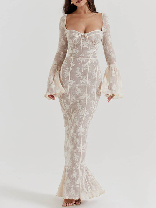 Vintage Krem Dantelli Maxi Elbise