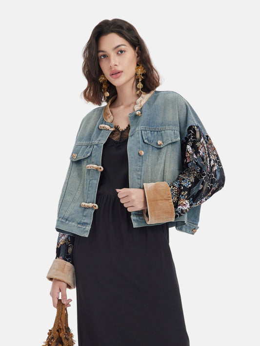 Denim İşlemeli Neo-Çin Ceket