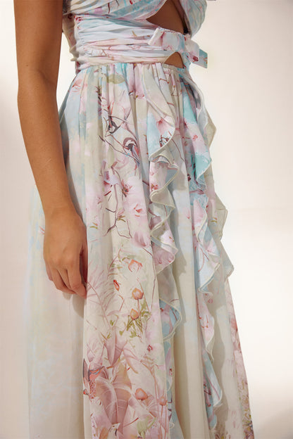 Octavia Baskılı Cut-Out Fırfırlı Maxi Elbise