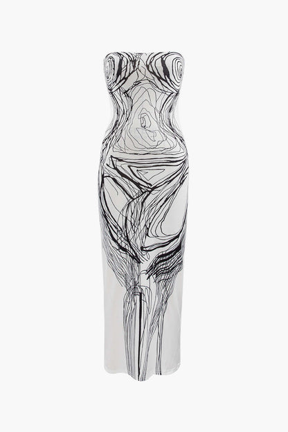 Agatha Desenli Straplez Midi Elbise