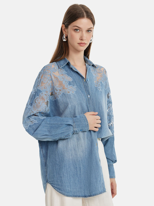 Çiçekli Dantel Panel Denim Gömlek