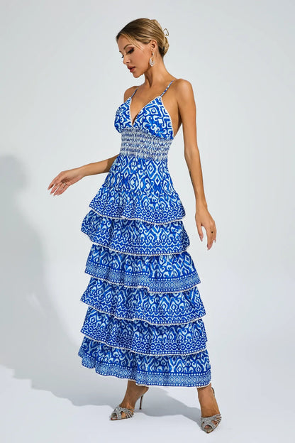Adela Mavi Bohem Katlı Slip Maxi Elbise
