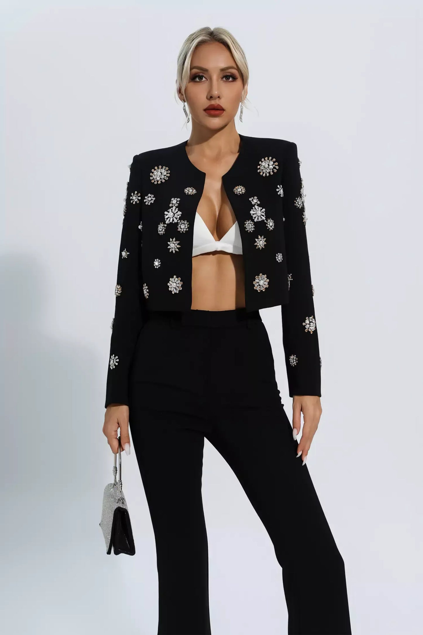 Amalia Siyah Kristal İnci Blazer Takım