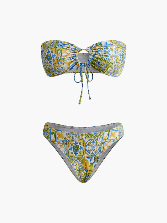 Straplez Baskı Düğümlü Bikini Takımı