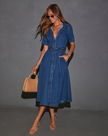 Caddy Denim Beli Bağlamalı Midi Elbise