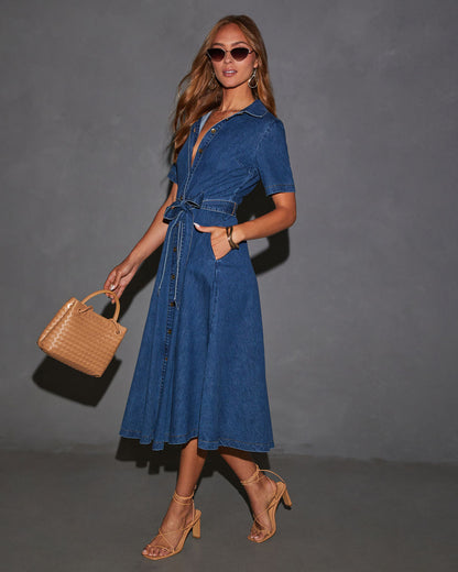 Caddy Denim Beli Bağlamalı Midi Elbise