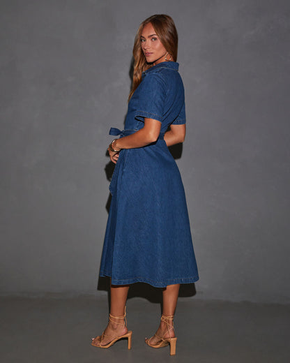 Caddy Denim Beli Bağlamalı Midi Elbise
