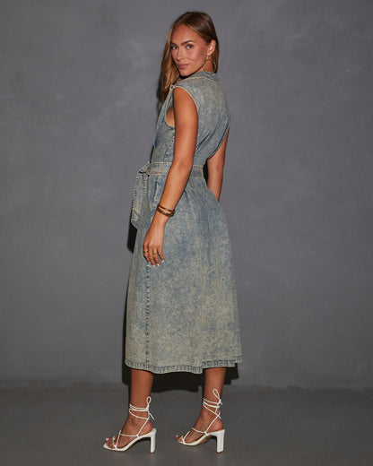Nola Denim Beli Bağlamalı Midi Elbise