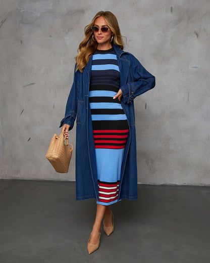 Klasik Charm Çizgili Bodycon Midi Elbise