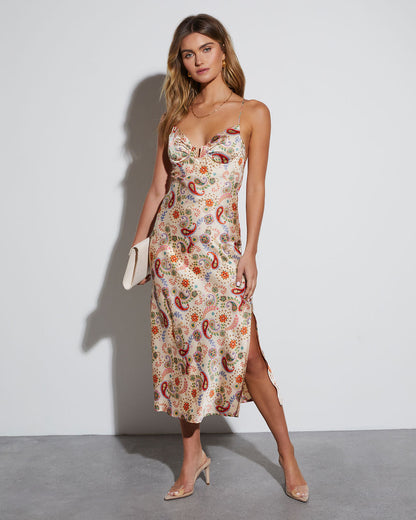 Aiko Baskılı Saten Slip Midi Elbise