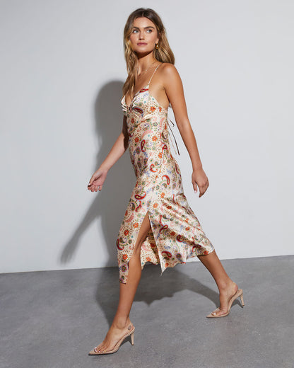 Aiko Baskılı Saten Slip Midi Elbise