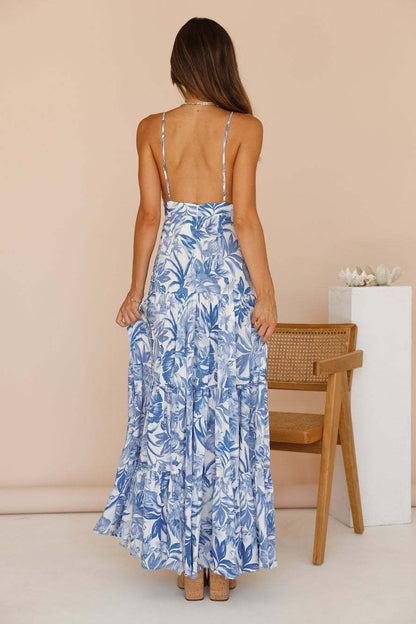Ruth Tropikal Toile Baskı Yırtmaçlı Maxi Sundress