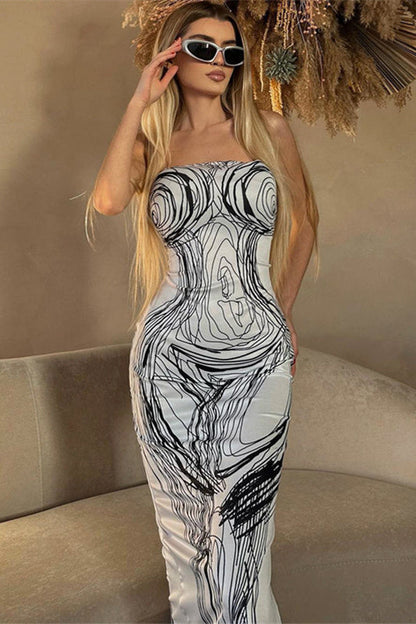 Agatha Desenli Straplez Midi Elbise