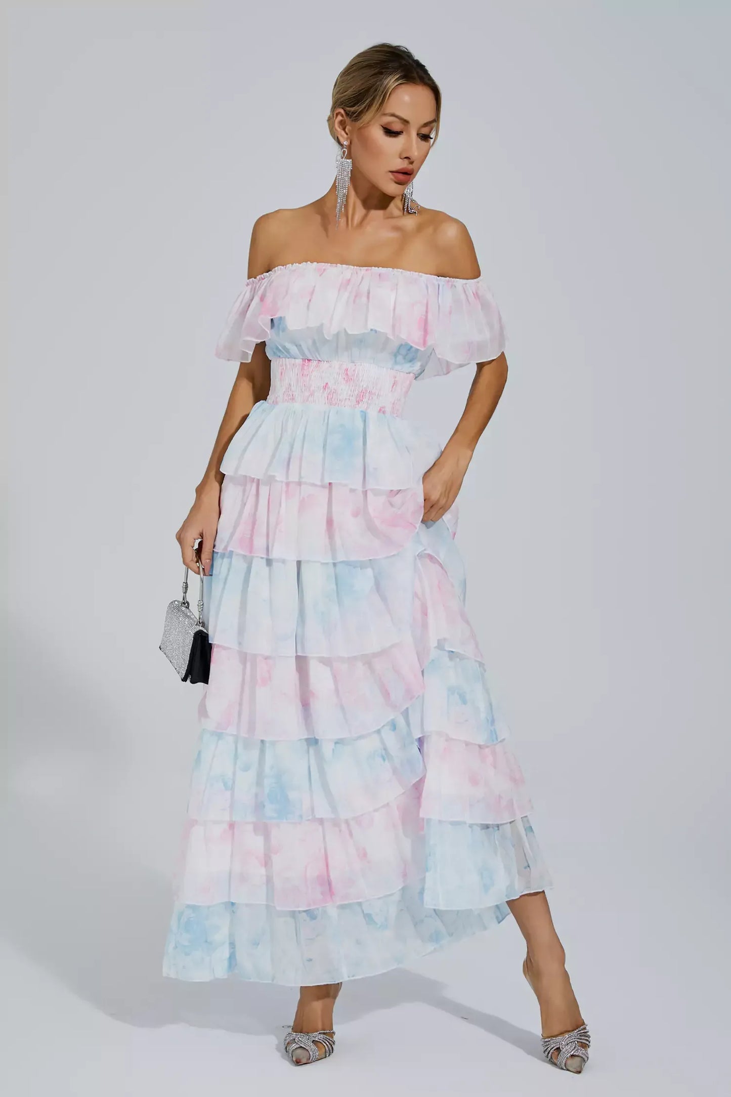 Paola Mavi Pembe Renkli Dantelli Maxi Elbise