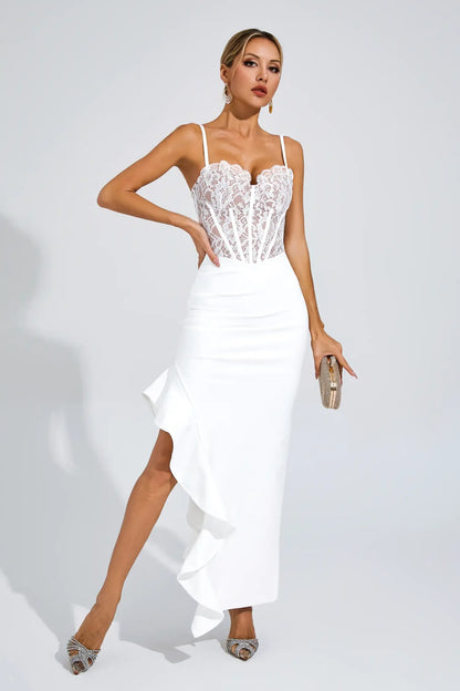 Swift Beyaz Yırtmaçlı Bandaj Slip Maxi Elbise