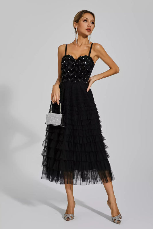 Tatiana Siyah Payetler Slip Maxi Elbise