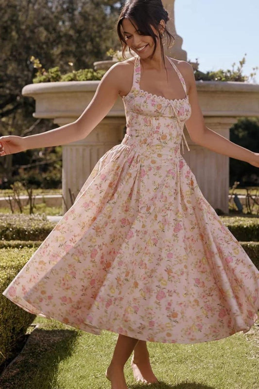 Abigail Baskılı Boyundan Bağlı Korse Midi Elbise