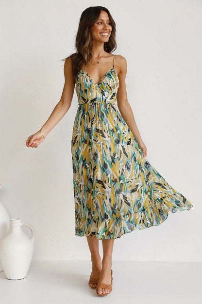 Adela Baskılı Fırfırlı Midi Sundress