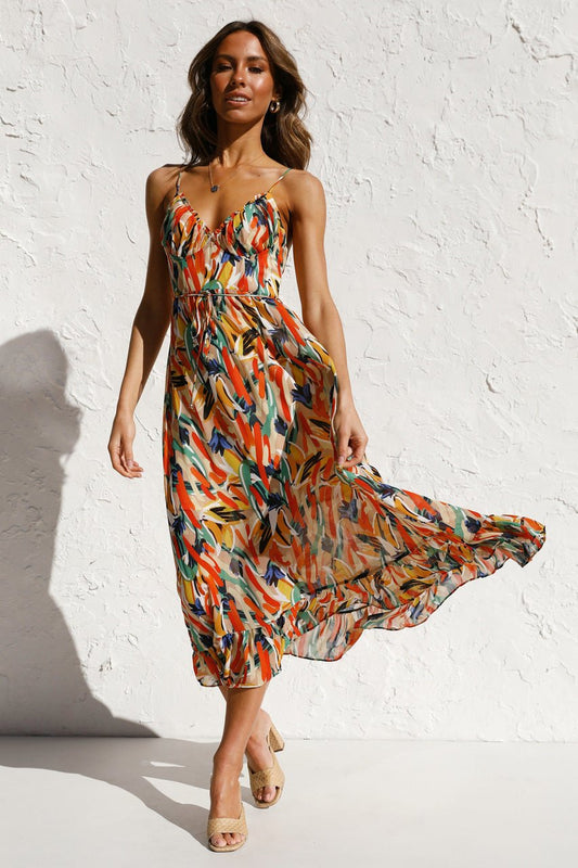 Adela Baskılı Fırfırlı Midi Sundress