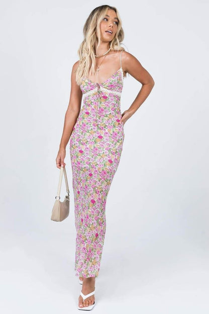 Angelica Baskılı Büzgülü Maxi Slip Elbise