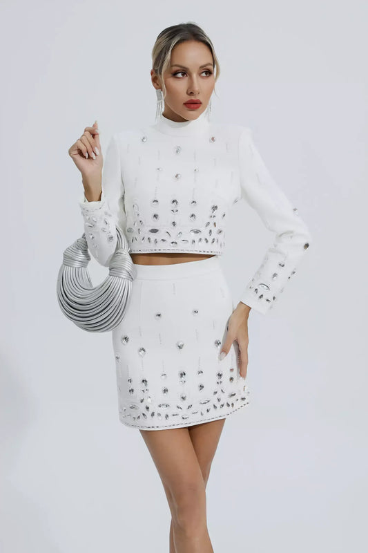 Cecelia Beyaz Kristal Süslemeli Set