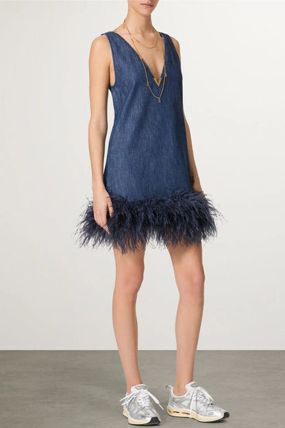 Tüy Detaylı Denim Mini Elbise Takım