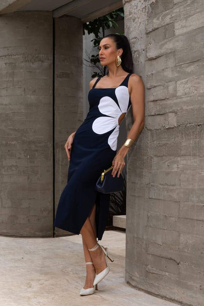 Ophelia Çiçek Baskılı Cut-Out Midi Elbise