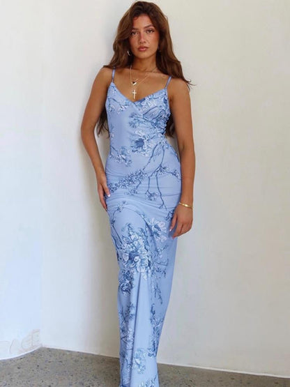 Orkide Baskılı Uzun Slip Elbise