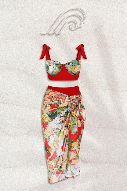 Poppy Retro Baskılı Üçlü Yüzme Seti