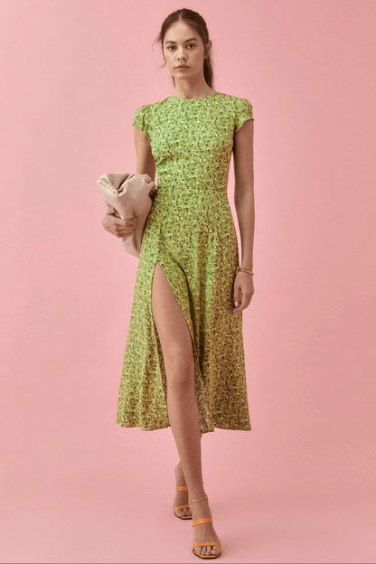 Rachel Baskılı Yuvarlak Yakalı, Yarık, Midi Sundress