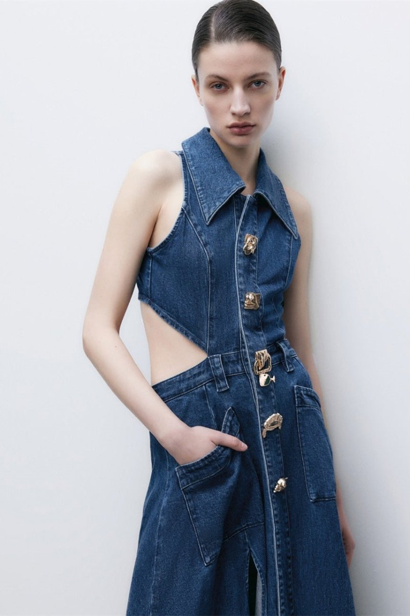 Regina Yaka Yaka Cut-Out Denim Maxi Elbise