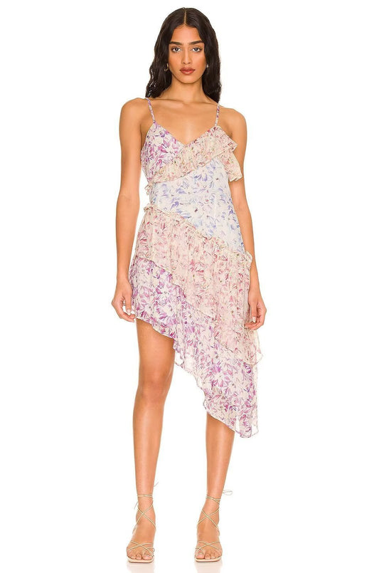 Samatha Baskılı Patchwork Fırfırlı Mini Slip Elbise