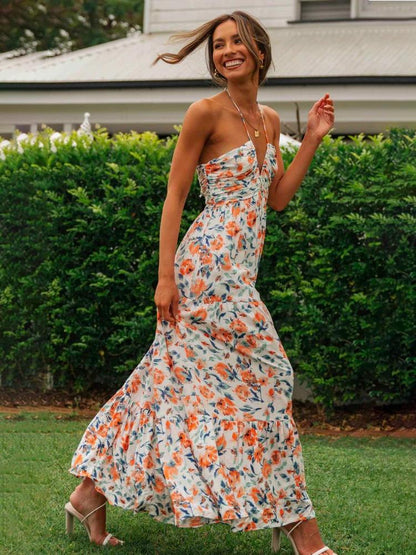 Sue Çiçek Baskılı Boyundan Bağlı Maxi Sundress