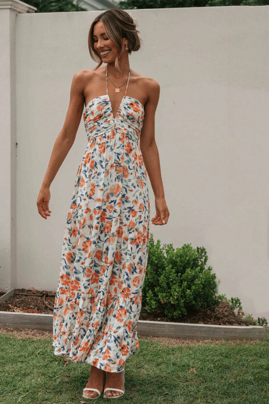 Sue Çiçek Baskılı Boyundan Bağlı Maxi Sundress