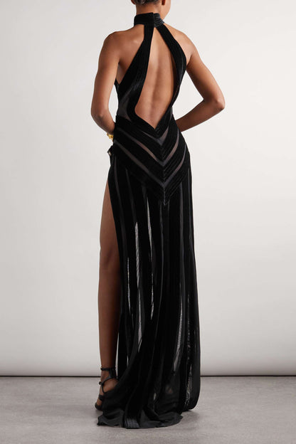 Novia Boyundan Bağlamalı Cut-Out Kadife Maxi Elbise