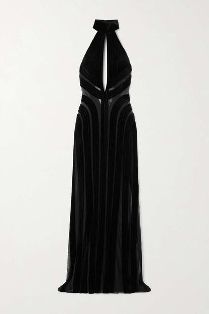 Novia Boyundan Bağlamalı Cut-Out Kadife Maxi Elbise