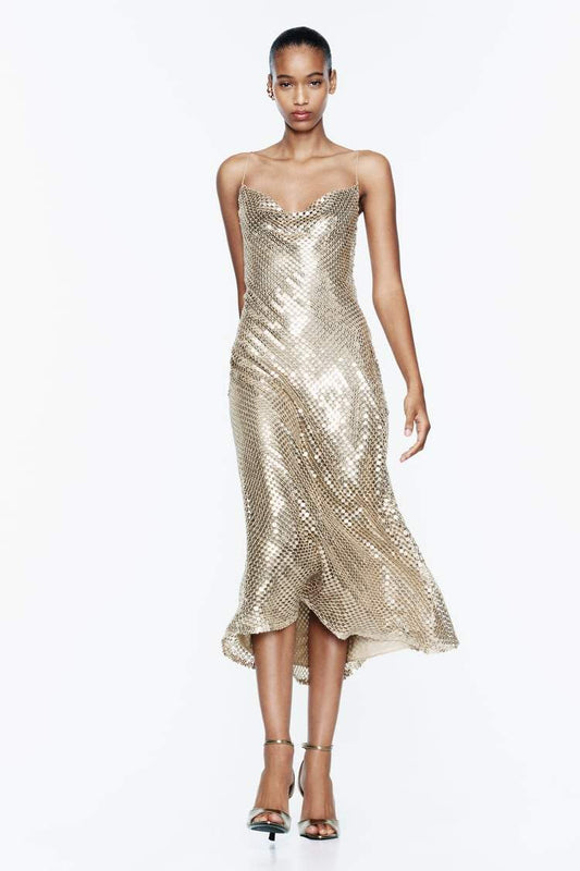 Yvette File Payetler Midi Slip Elbise