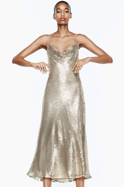 Yvette File Payetler Midi Slip Elbise